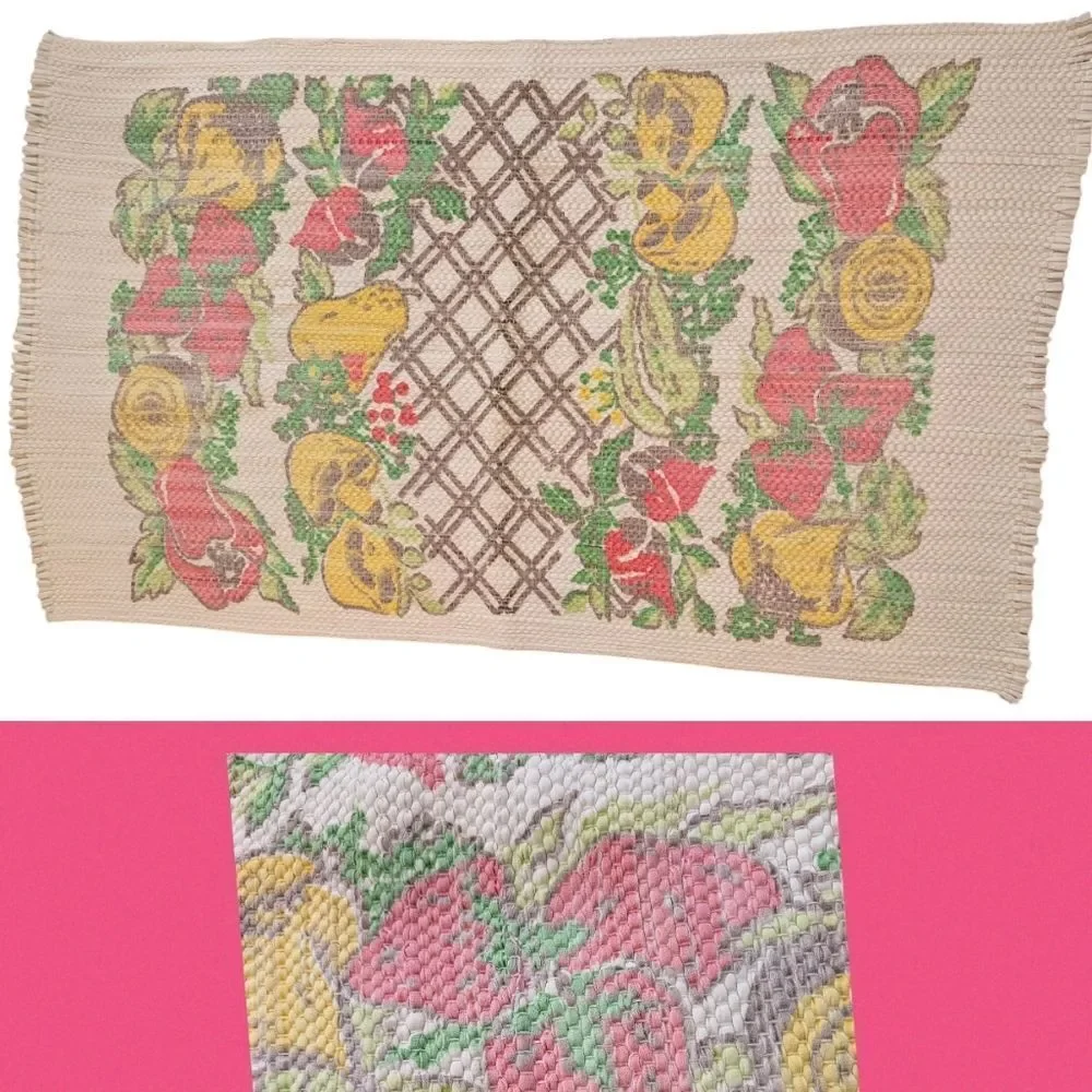 Vintage MCM fruit veggie handwoven‎ fabric rug